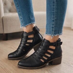 Volatile Black Strappy Booties - Size 7.5 - Side Buckle & Back Zip